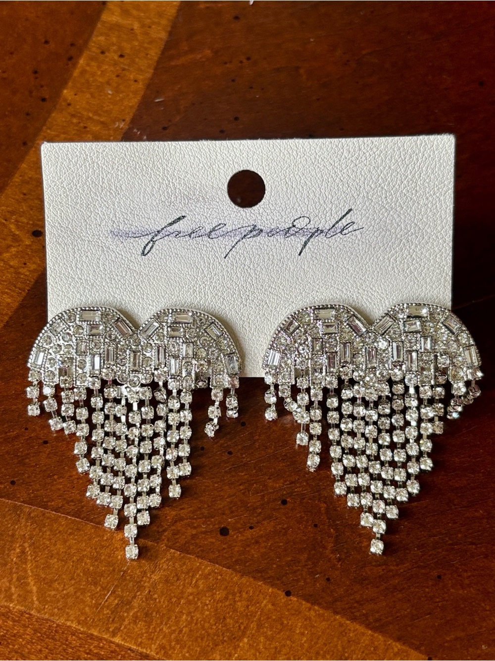 Free People Silver Tone Heart Shaped Crystal Waterfall Fringe Statement Earrings